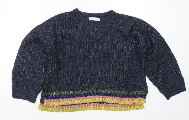 Marks and Spencer Girls Blue Striped Knit Pullover Jumper Size 9-10 Years