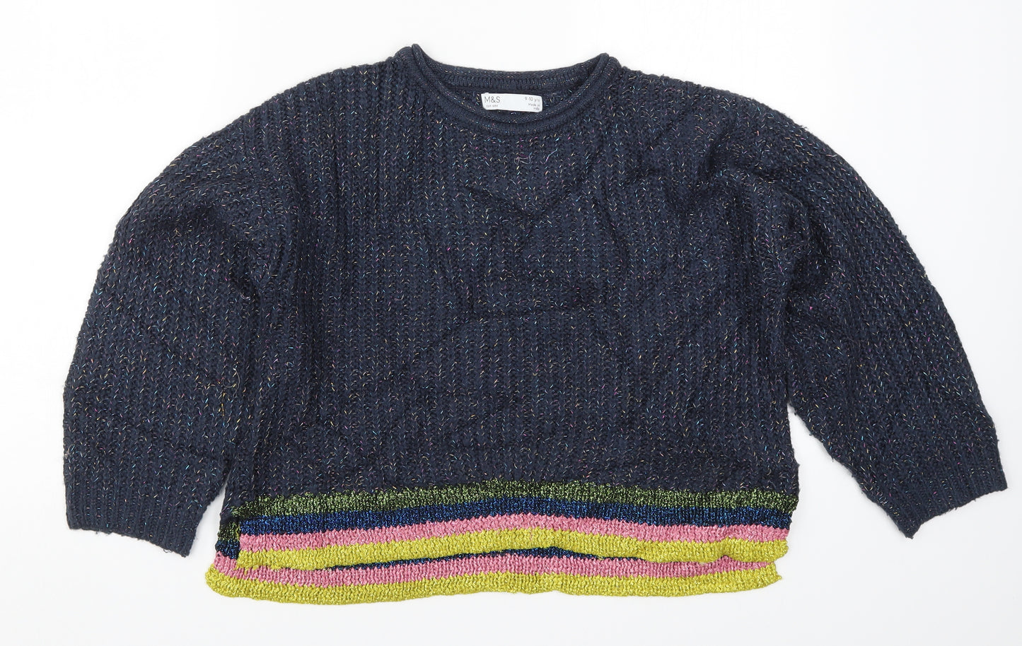 Marks and Spencer Girls Blue Striped Knit Pullover Jumper Size 9-10 Years