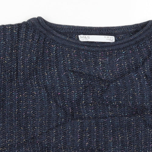 Marks and Spencer Girls Blue Striped Knit Pullover Jumper Size 9-10 Years