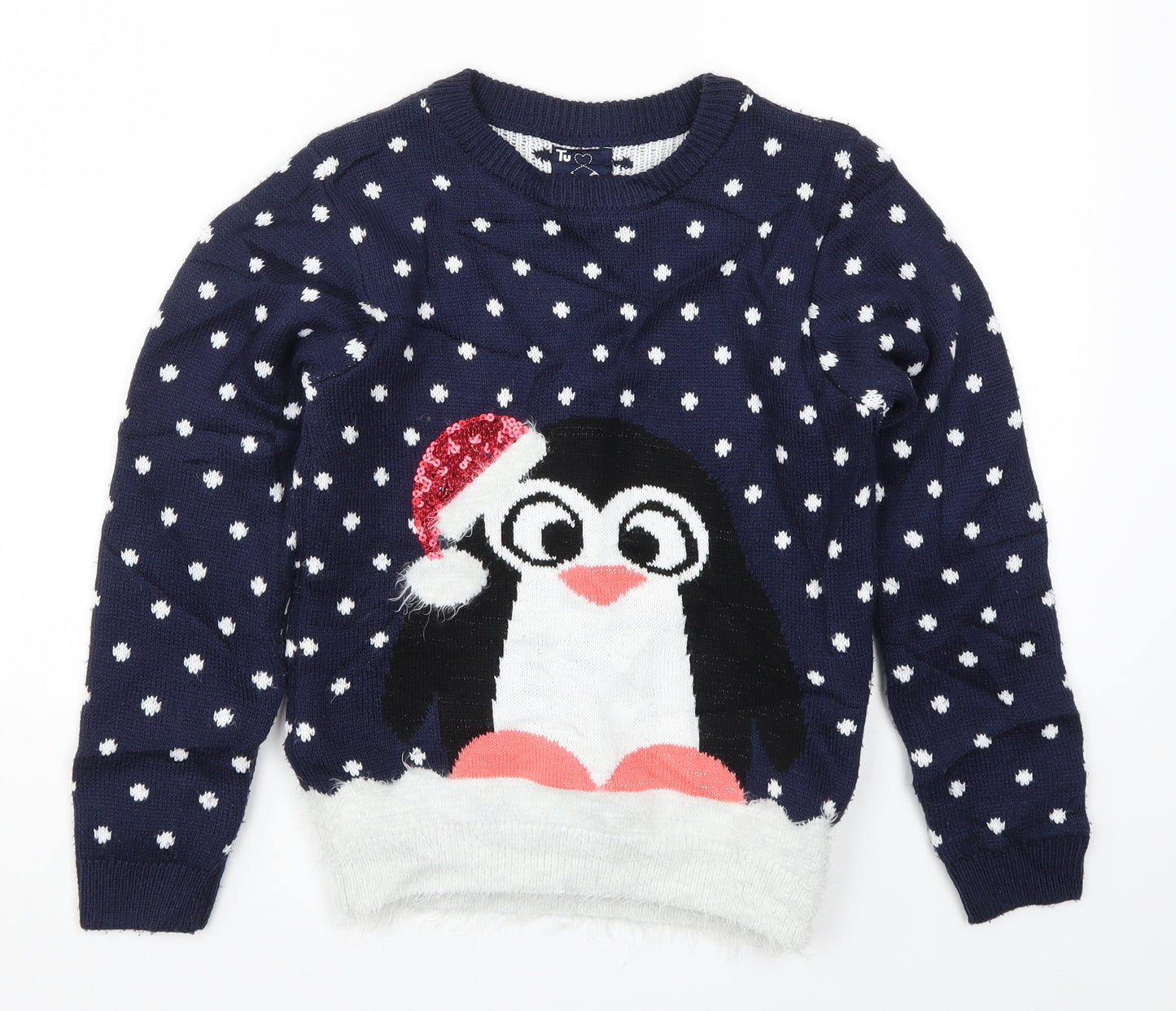 TU Girls Blue Polka Dot Knit Pullover Jumper Size 10 Years  - Penguin