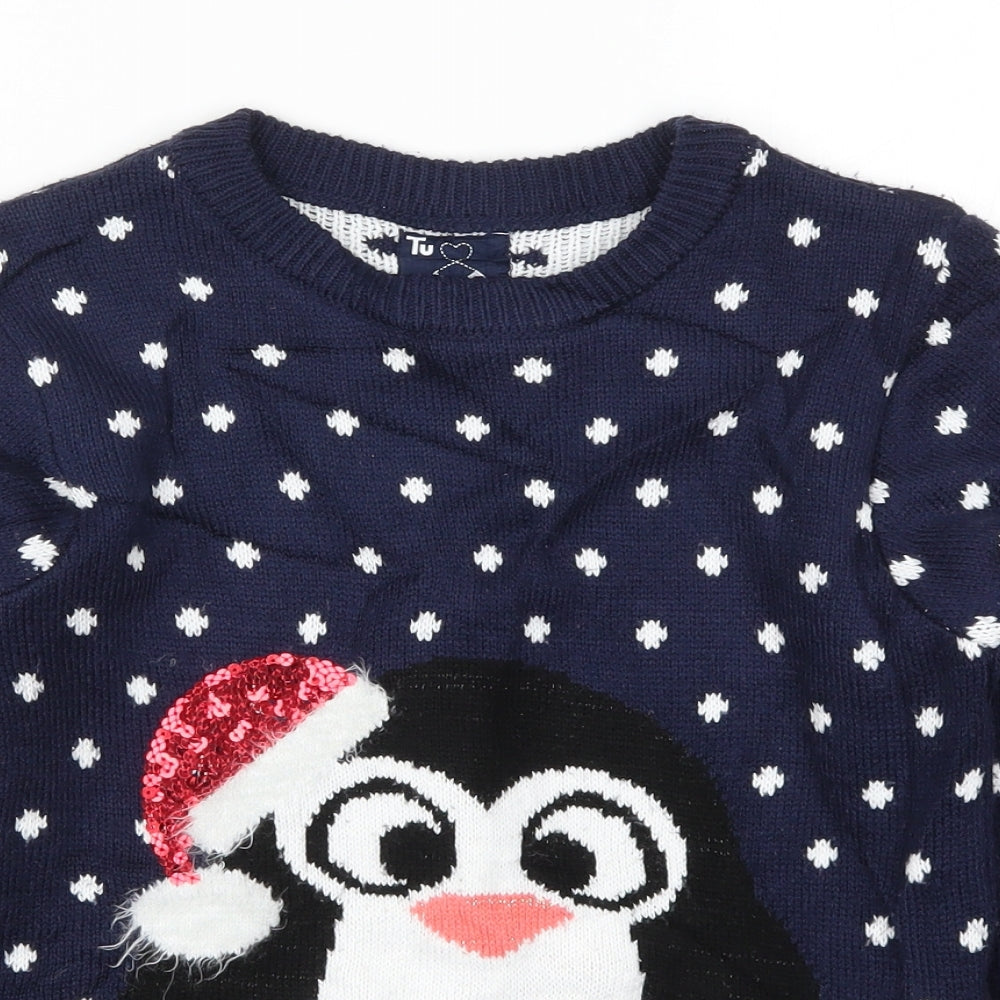 TU Girls Blue Polka Dot Knit Pullover Jumper Size 10 Years  - Penguin