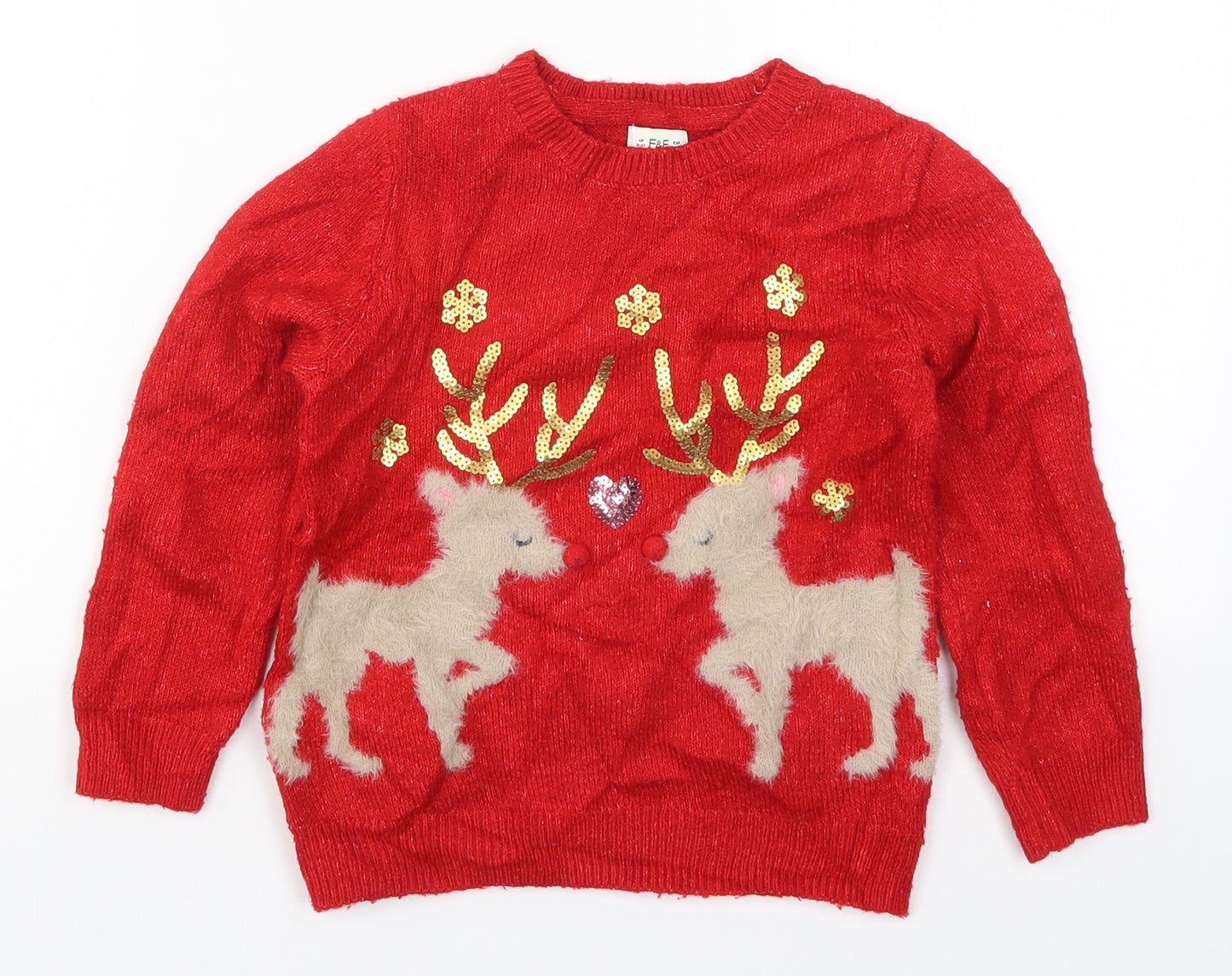 F&F Girls Red  Knit Pullover Jumper Size 3-4 Years  - Rudolph Christmas