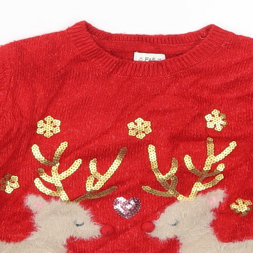 F&F Girls Red  Knit Pullover Jumper Size 3-4 Years  - Rudolph Christmas
