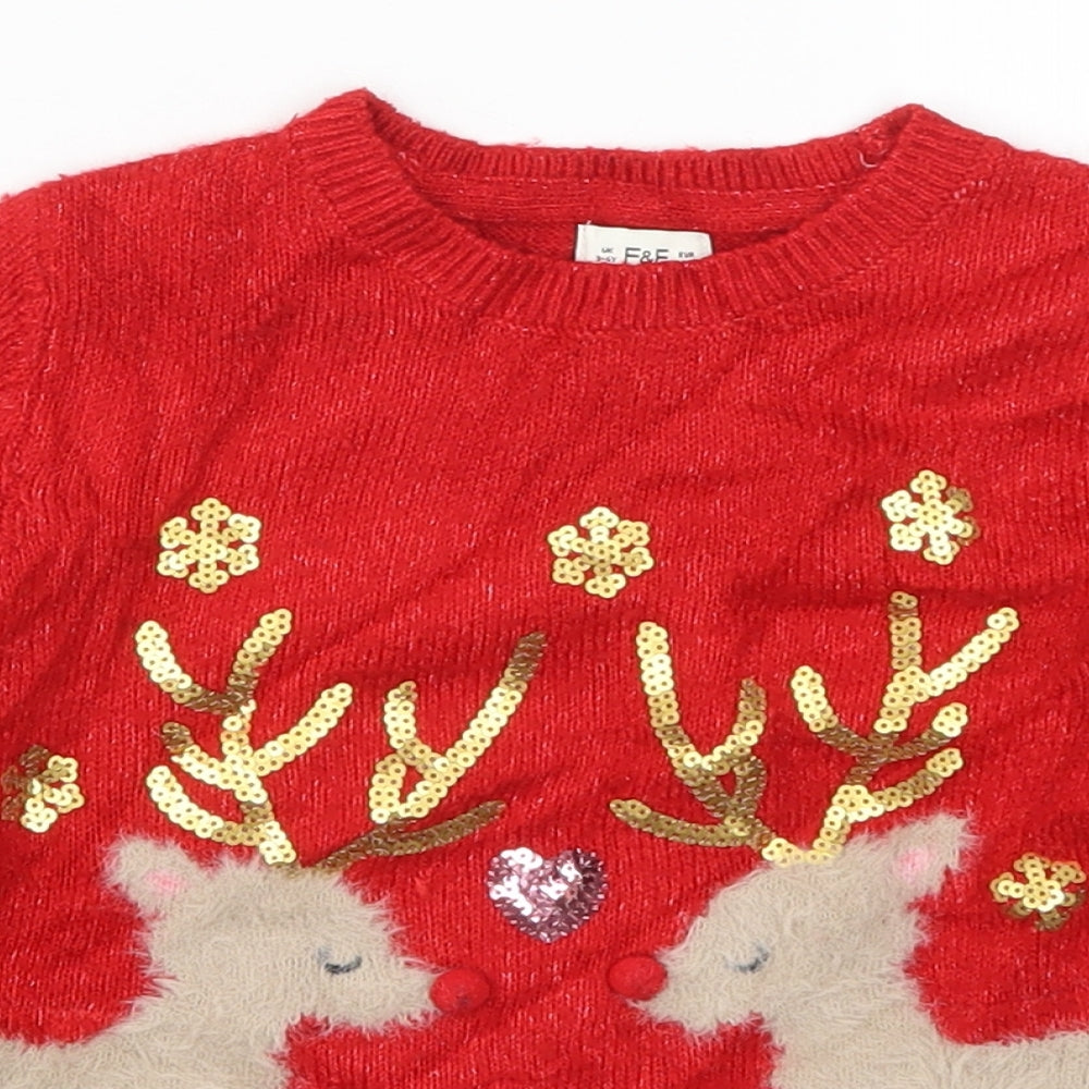 F&F Girls Red  Knit Pullover Jumper Size 3-4 Years  - Rudolph Christmas