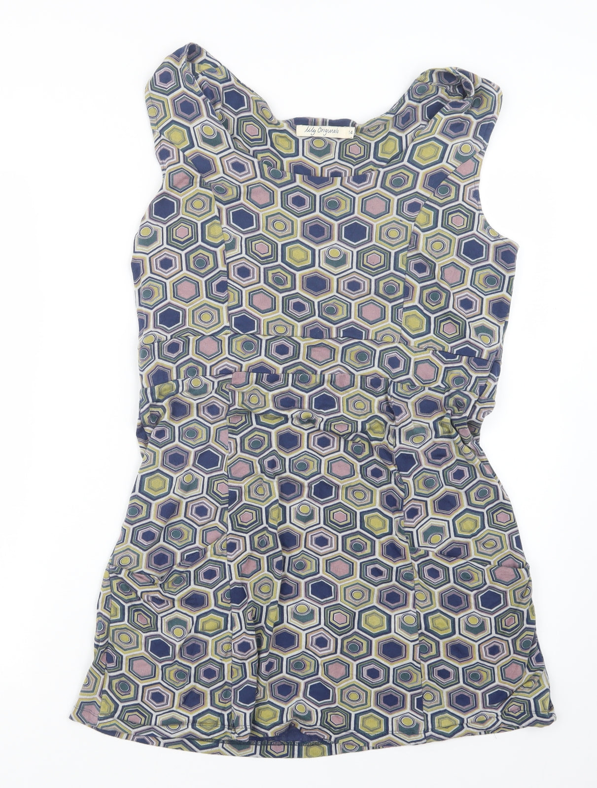 Lily Originals Womens Blue Geometric  Basic T-Shirt Size 14  - Long