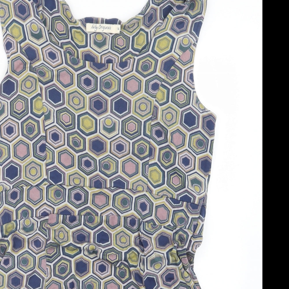 Lily Originals Womens Blue Geometric  Basic T-Shirt Size 14  - Long
