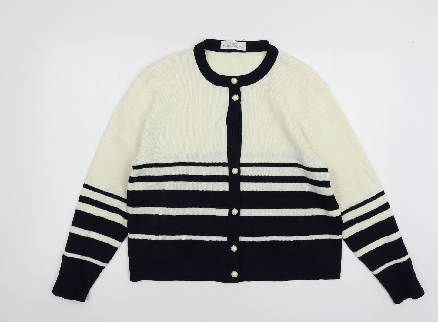Marks and Spencer Womens Ivory Striped Knit Cardigan Jumper Size 14