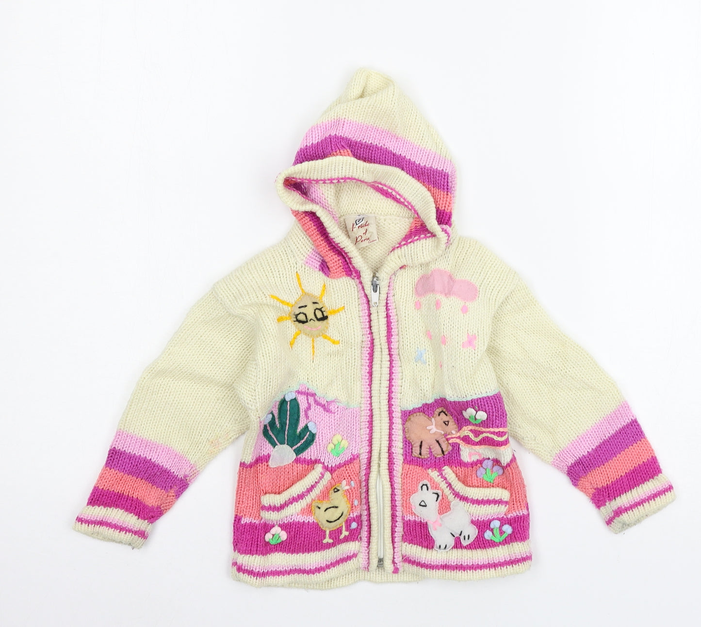 Pride of Peru Girls Beige Geometric Knit Full Zip Hoodie Size 2 Years