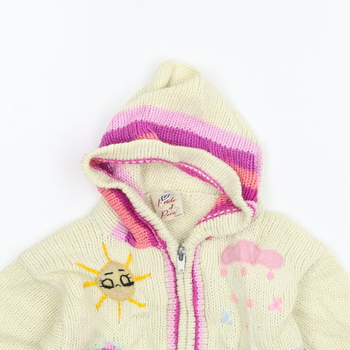 Pride of Peru Girls Beige Geometric Knit Full Zip Hoodie Size 2 Years