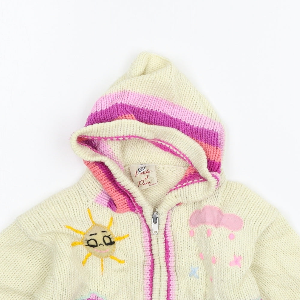 Pride of Peru Girls Beige Geometric Knit Full Zip Hoodie Size 2 Years
