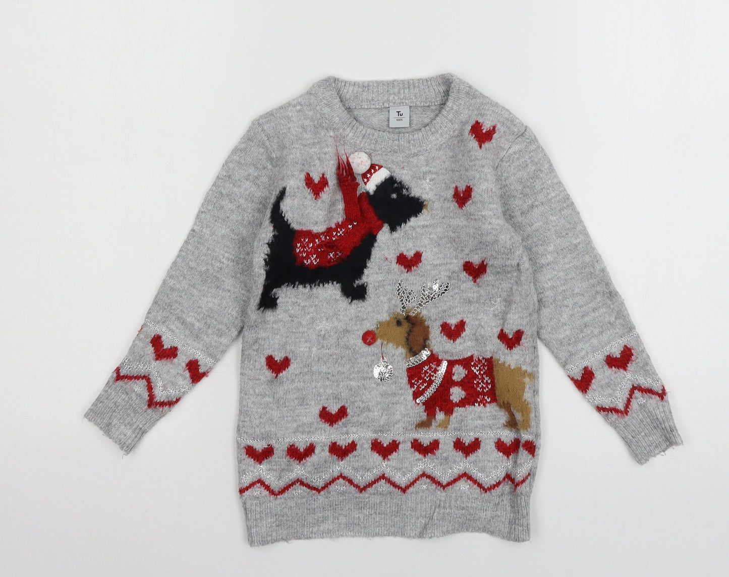 TU Girls Grey  Knit Pullover Jumper Size 3 Years  - Christmas Dog
