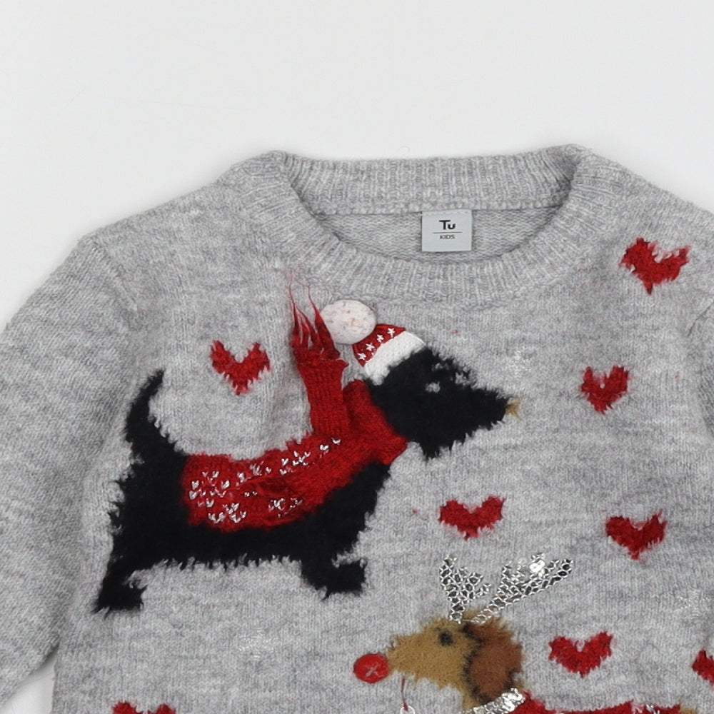 TU Girls Grey  Knit Pullover Jumper Size 3 Years  - Christmas Dog
