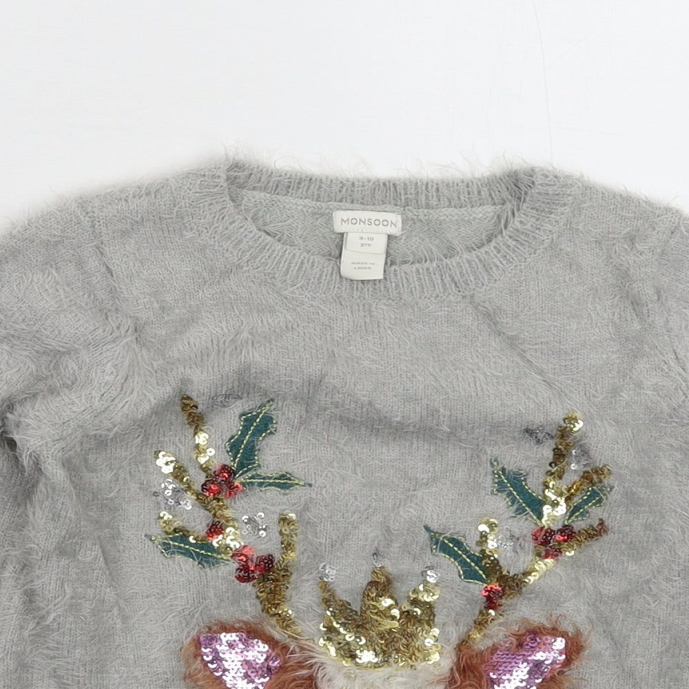 Monsoon Girls Grey  Knit Pullover Jumper Size 9-10 Years  - Christmas