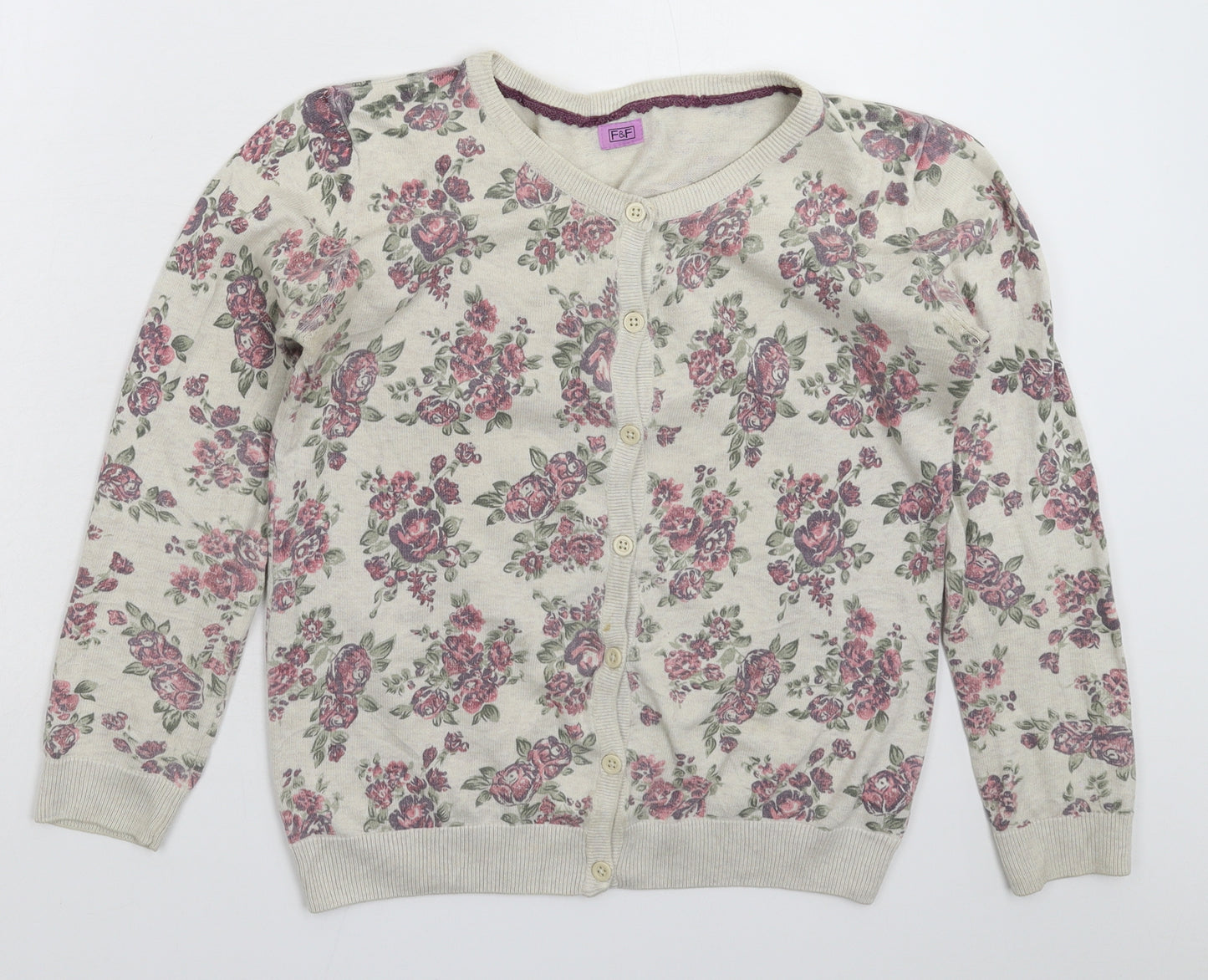 F&F Girls Grey Floral Knit Cardigan Jumper Size 13-14 Years