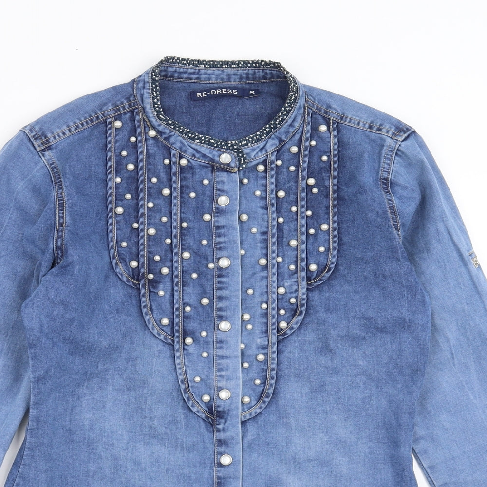 Re-Dress Womens Blue  Denim Basic Button-Up Size S  - beaded