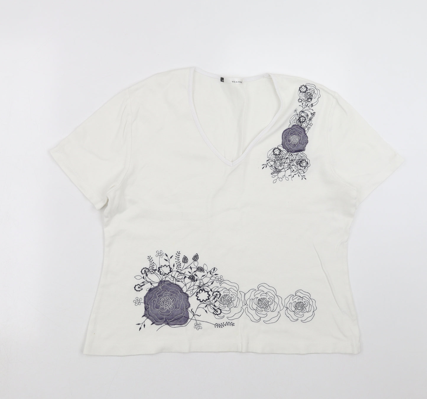 Viz A Viz Womens White   Basic T-Shirt Size 16  - Floral embroidery