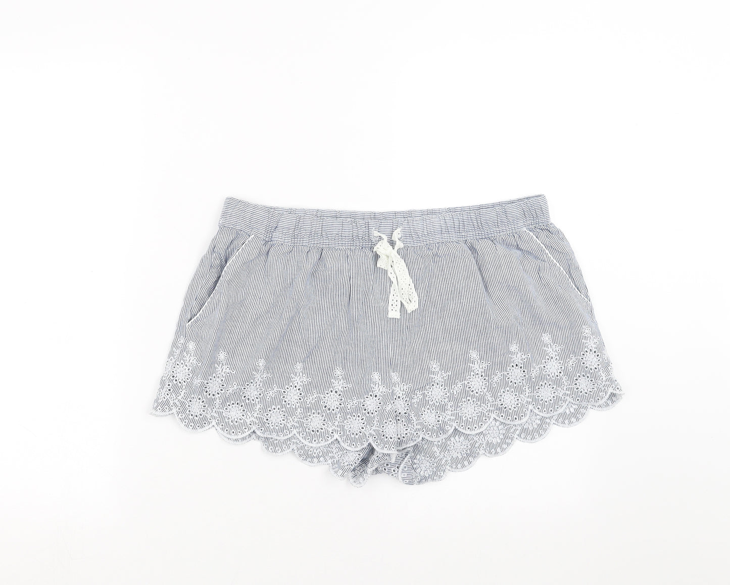 Primark Womens Blue Striped   Sleep Shorts Size L  - crochet detail