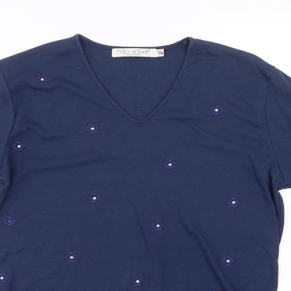 Tigi Wear Womens Blue Floral  Basic T-Shirt Size S
