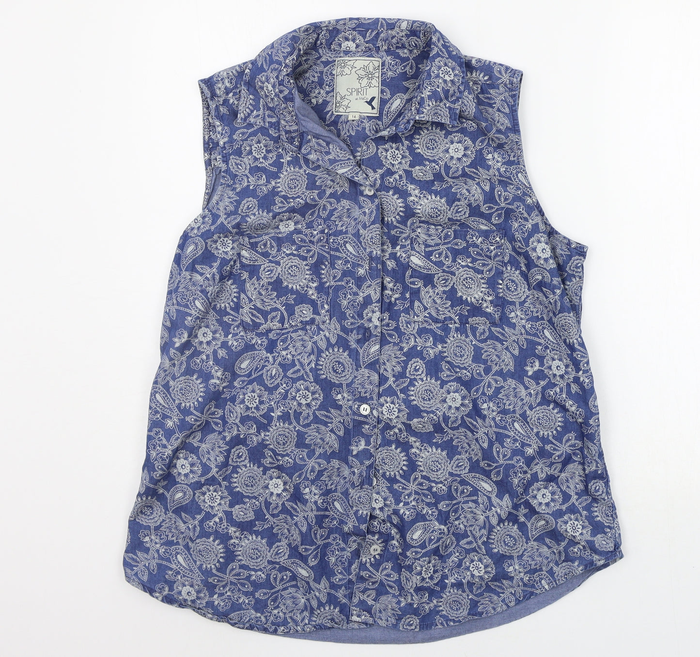M&Co Womens Blue Floral  Basic Button-Up Size 14