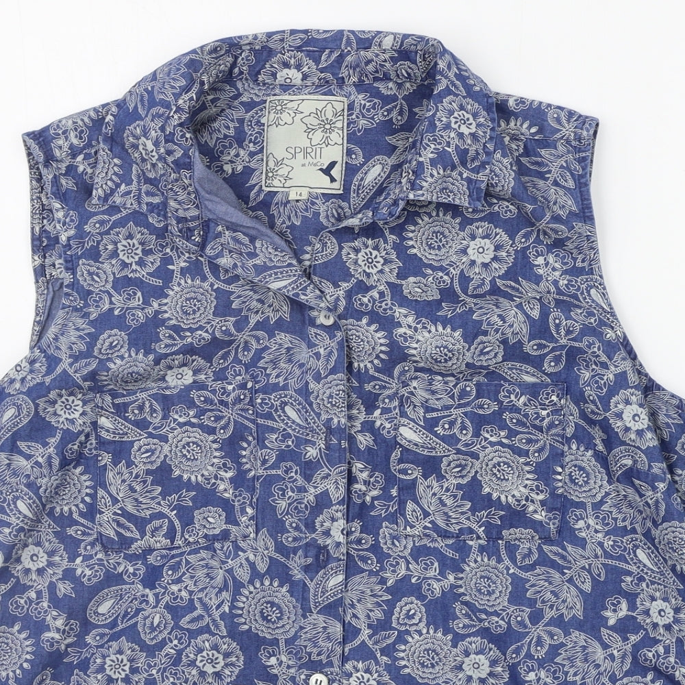 M&Co Womens Blue Floral  Basic Button-Up Size 14