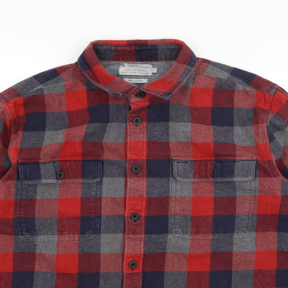 TU Mens Red Check   Button-Up Size L