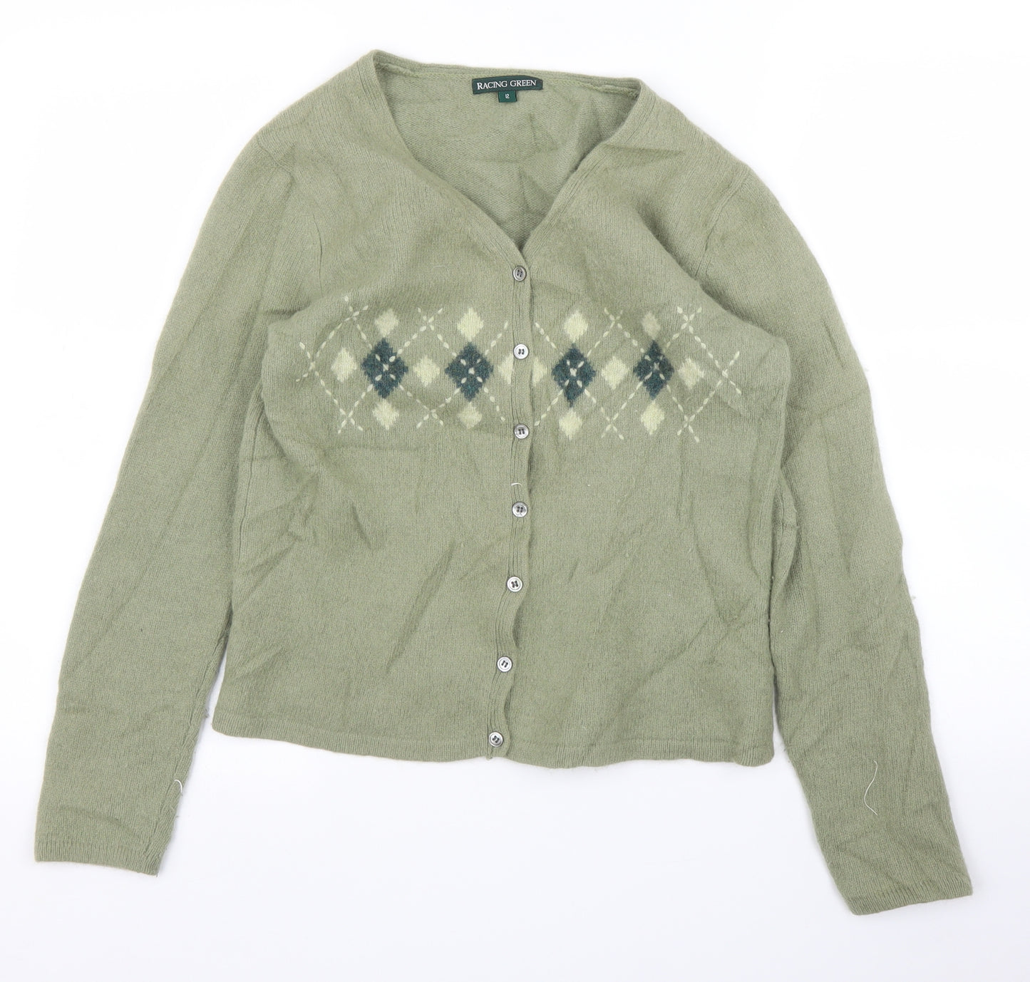 Racing Green Womens Green Argyle/Diamond  Cardigan Jumper Size 12