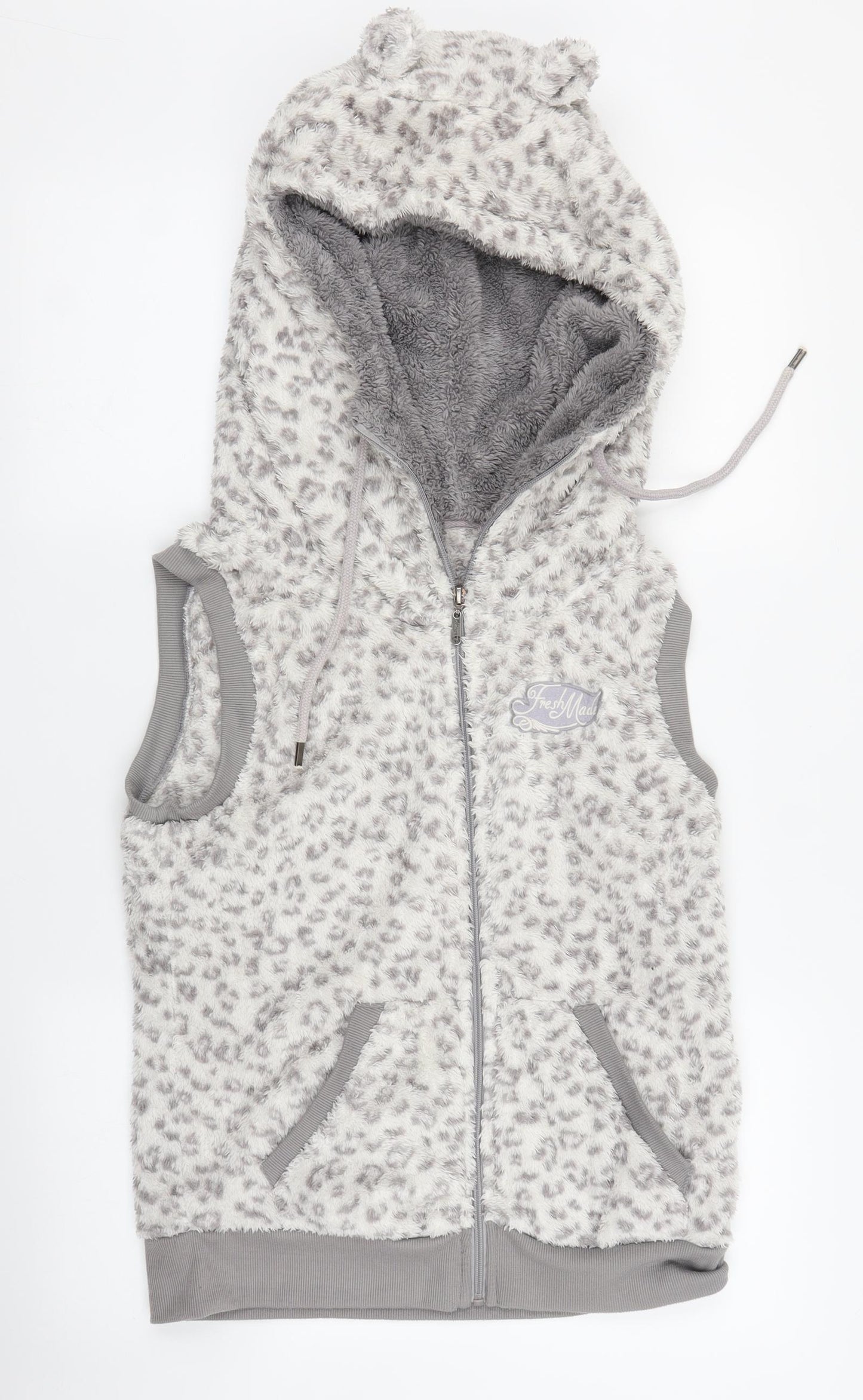 Fresh Made Womens Grey Animal Print  Gilet Coatigan Size L  - Leopard print