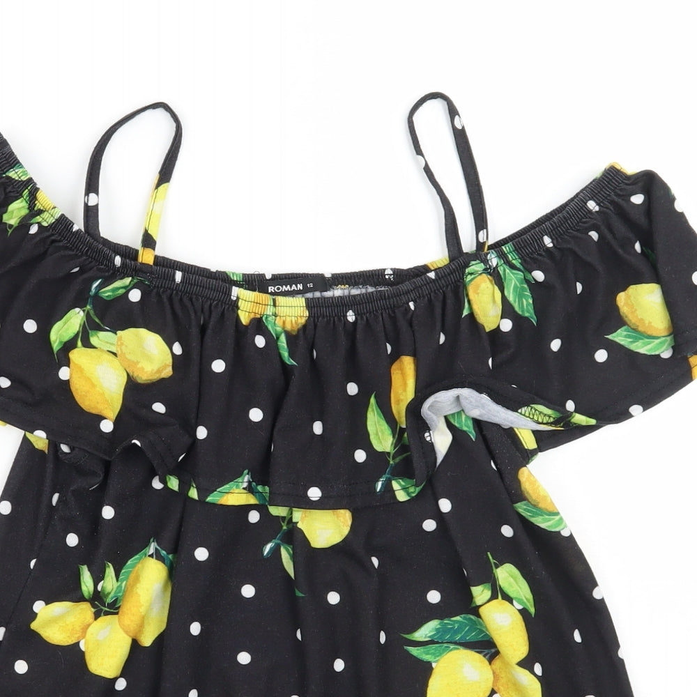 Roman Womens Black Polka Dot  Basic T-Shirt Size 12