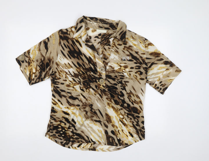 Air Field Womens Brown Animal Print  Basic Button-Up Size L