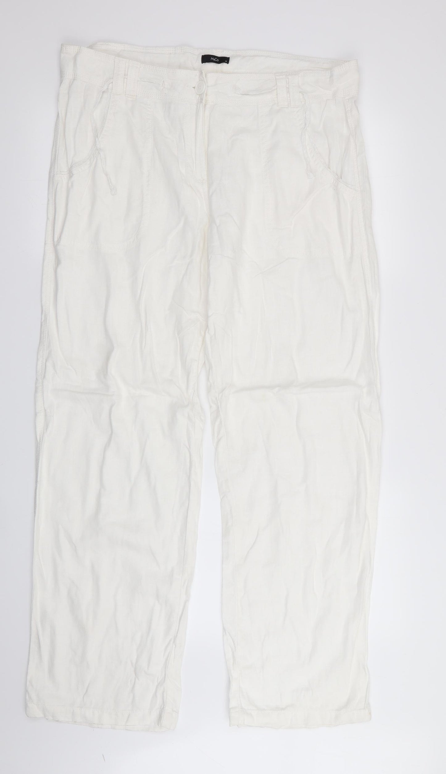 M&Co Womens White   Trousers  Size 14 L31 in - Linen Look trousers - wide legged