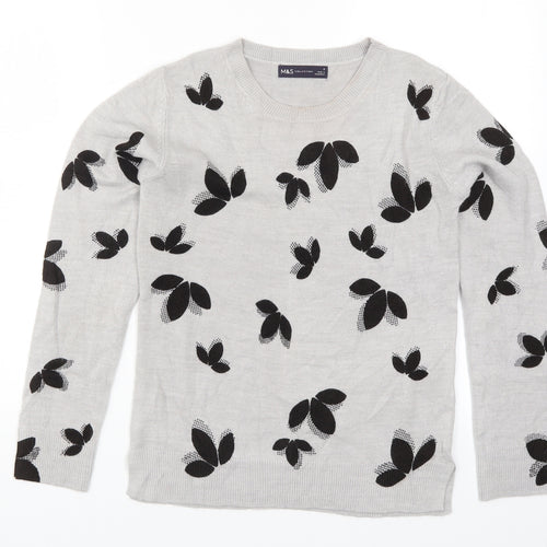 Marks and Spencer Womens Grey Geometric Knit Pullover Jumper Size 6  - Leaf Print