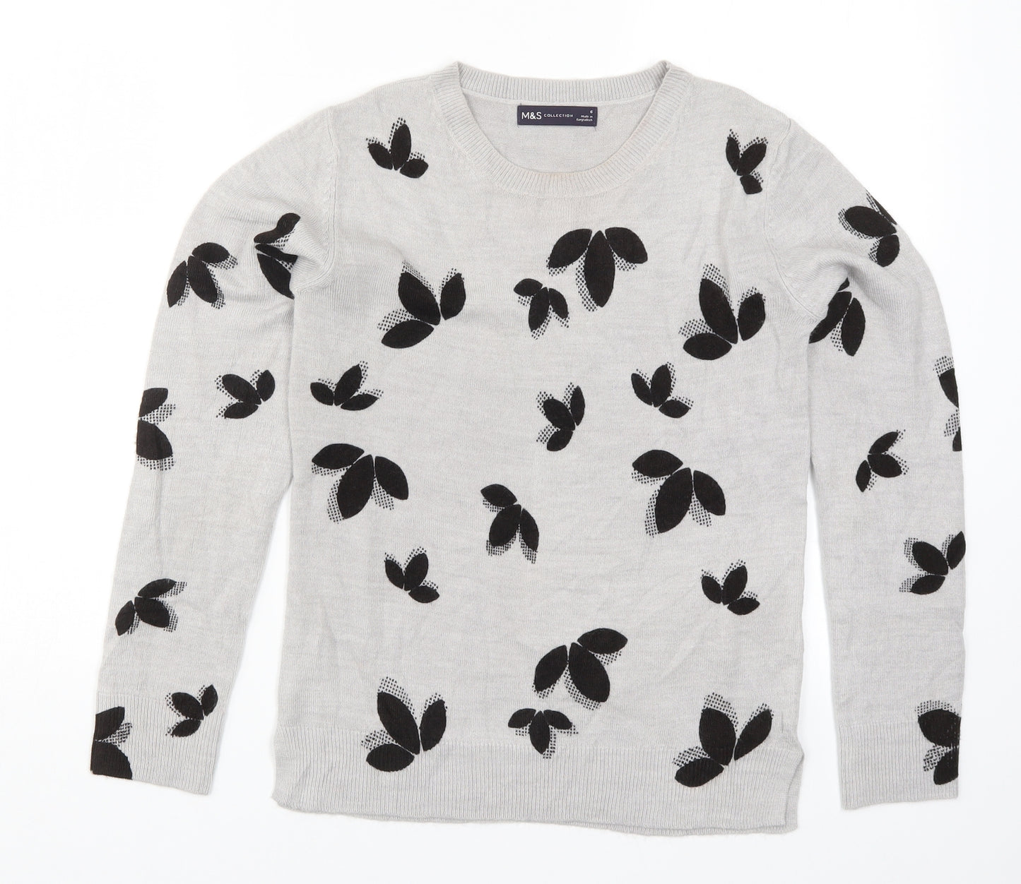 Marks and Spencer Womens Grey Geometric Knit Pullover Jumper Size 6  - Leaf Print