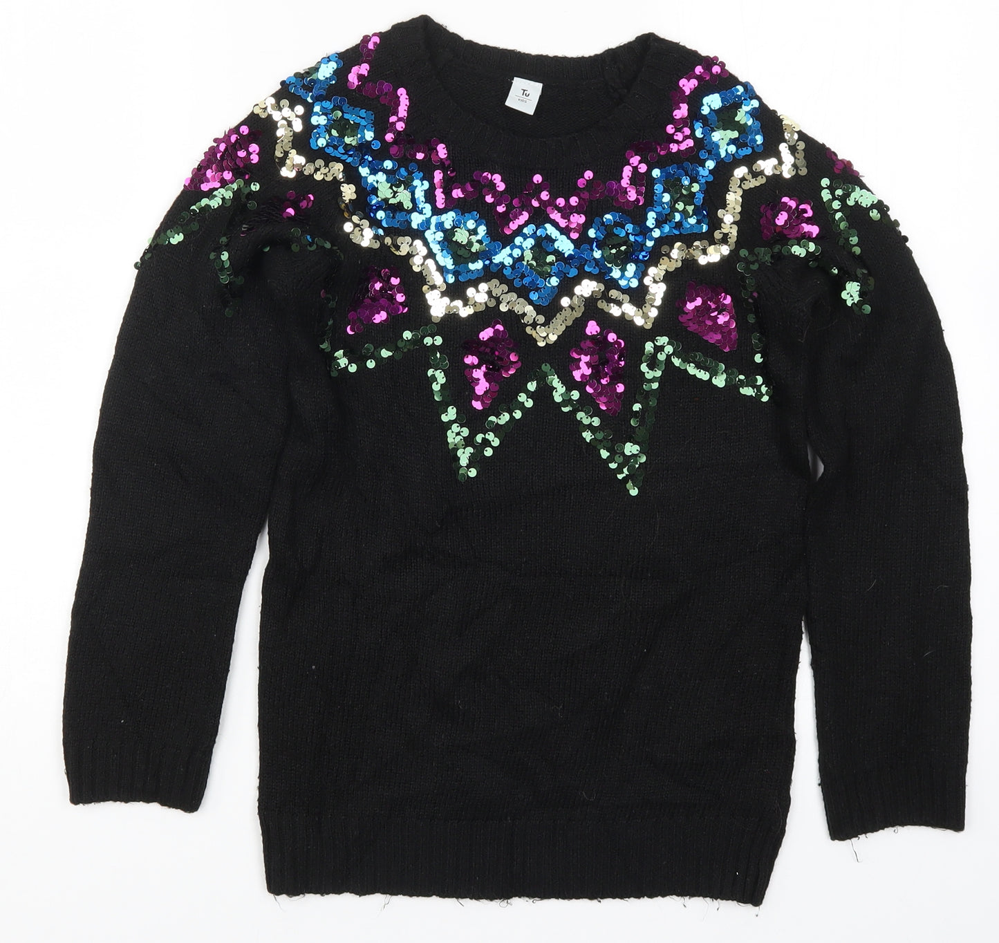 TU Girls Black Fair Isle Knit Pullover Jumper Size 10 Years