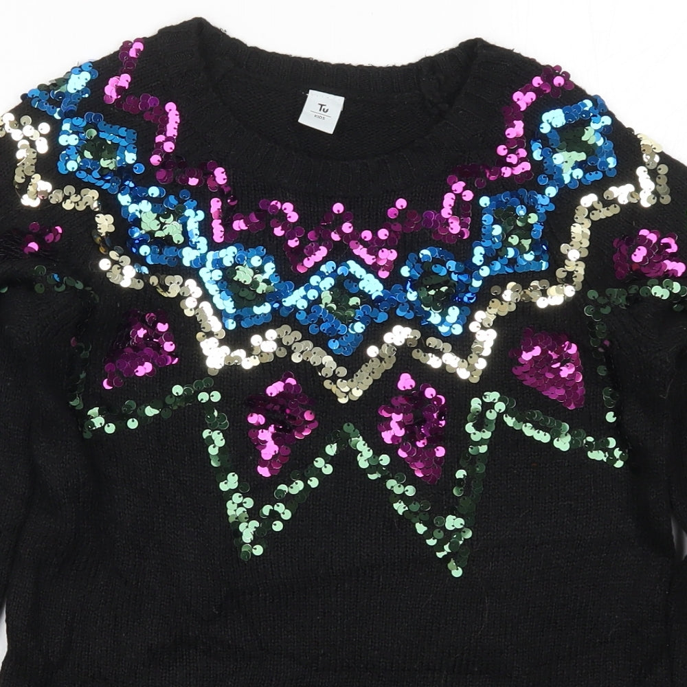 TU Girls Black Fair Isle Knit Pullover Jumper Size 10 Years