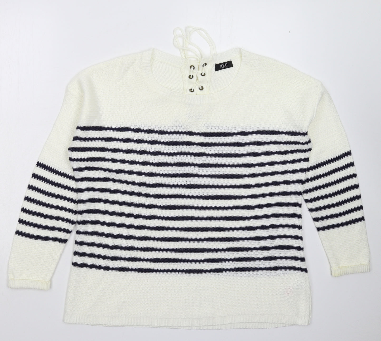F&F Womens White Striped Knit Pullover Jumper Size 14