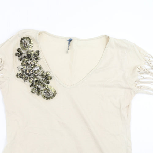 Evie  Womens Beige   Basic T-Shirt Size 16  - beaded detail