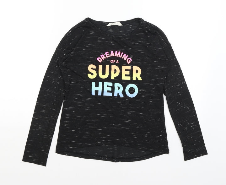 H&M Girls Black   Basic T-Shirt Size 9-10 Years  - Dreaming of a Super Hero