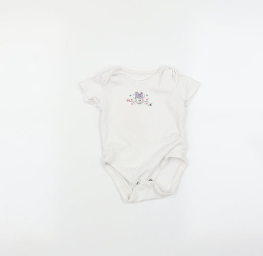 Front view of George Baby White Babygrow One-Piece, size 9-12, Months - Minnie Mouse