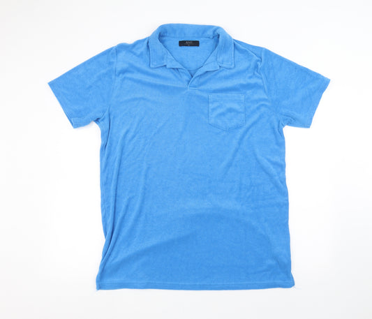 Front view of awc85 men’s blue polo, size XL