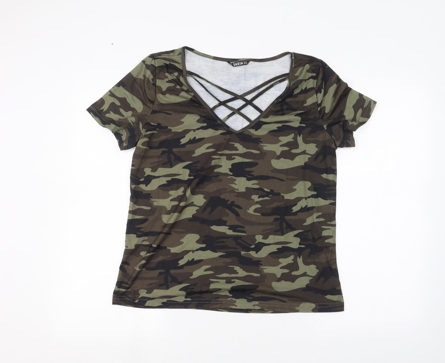 SheIn Womens Green Camouflage  Basic T-Shirt Size M