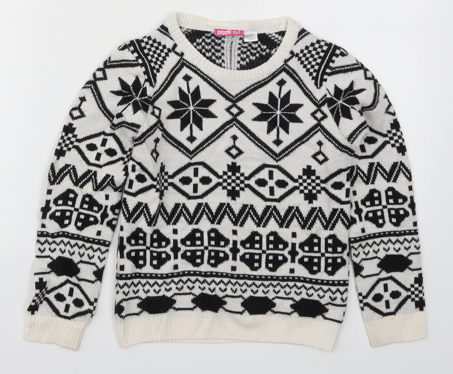 Pepperts Girls White Geometric Knit Pullover Jumper Size 6-7 Years  - Black and White
