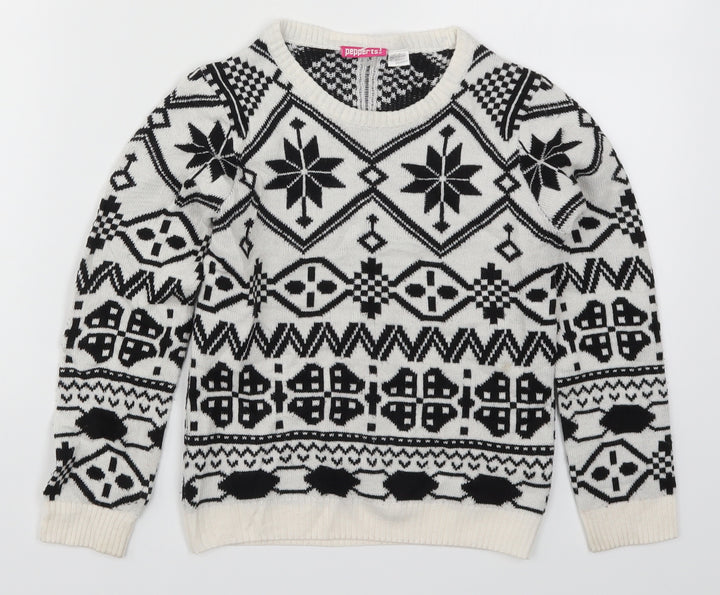 Pepperts Girls White Geometric Knit Pullover Jumper Size 6-7 Years  - Black and White