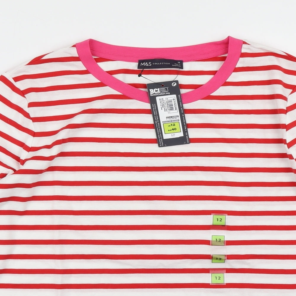 M&S Collection Womens White Striped  Basic T-Shirt Size 12