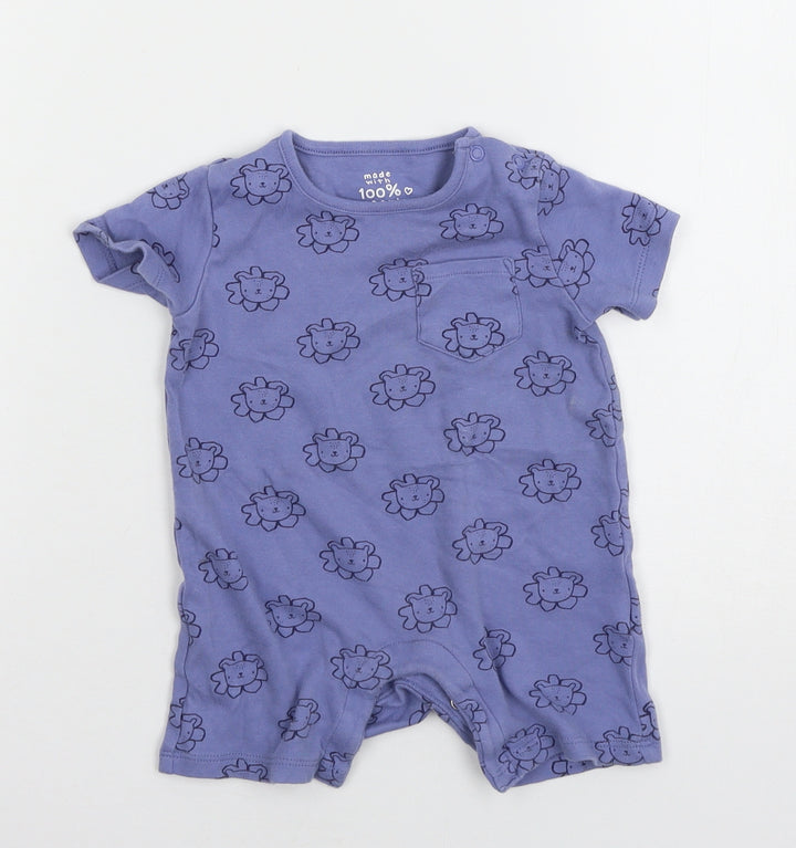 F&F Girls Blue Geometric Jersey Babygrow One-Piece Size 9-12 Months - Lion