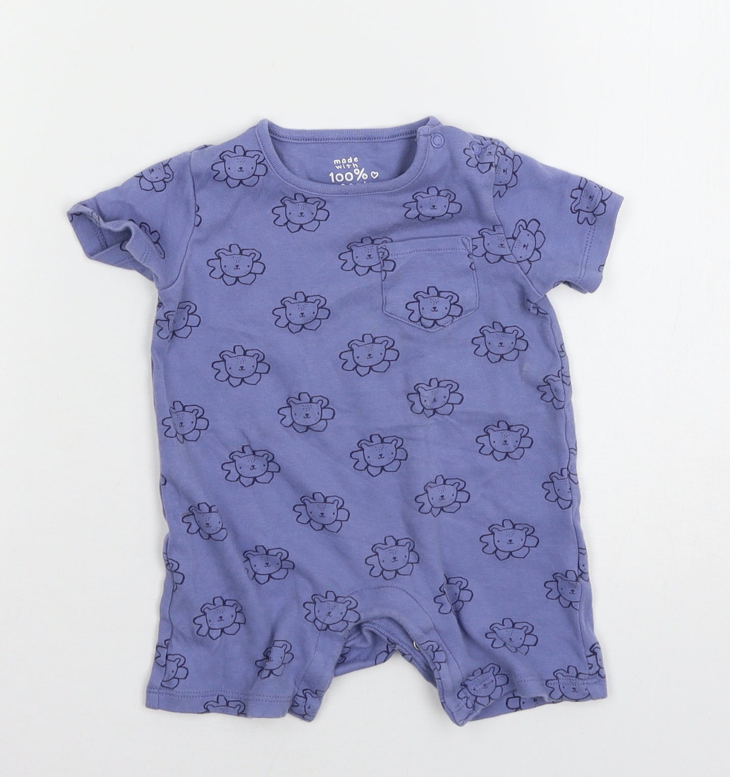 F&F Girls Blue Geometric Jersey Babygrow One-Piece Size 9-12 Months  - Lion