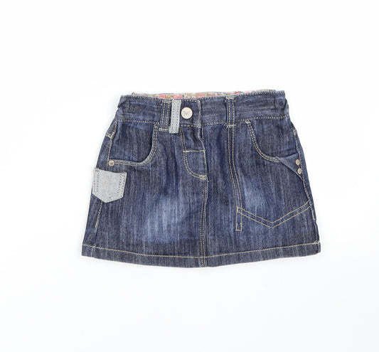 Front view of Next girls’ blue denim mini skirt, size 12-18, months