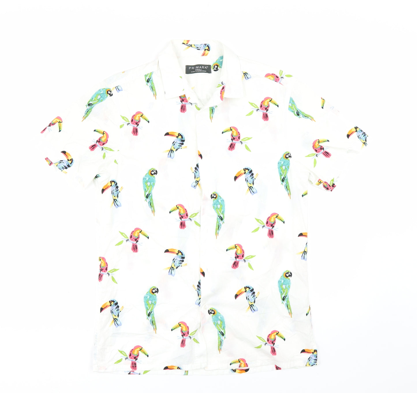 Primark Mens White Animal Print   Button-Up Size S  - Parrots
