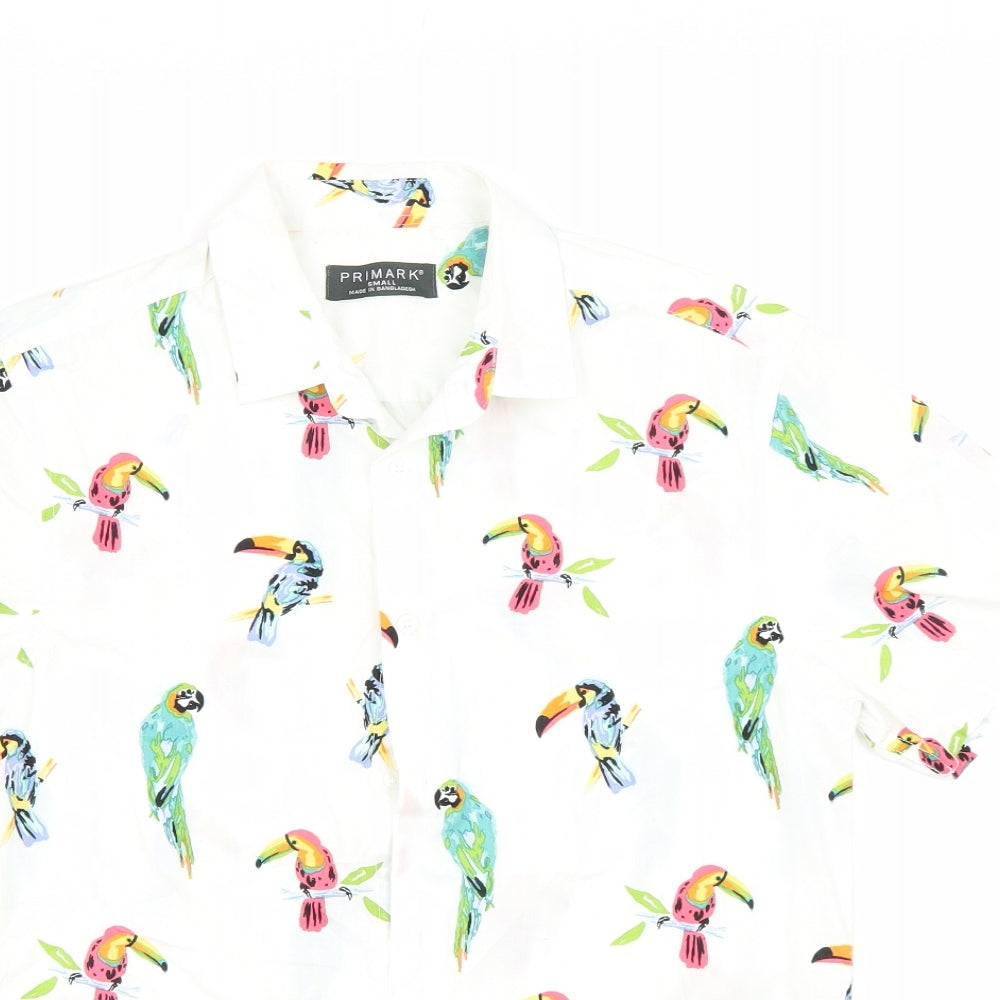 Primark Mens White Animal Print   Button-Up Size S  - Parrots