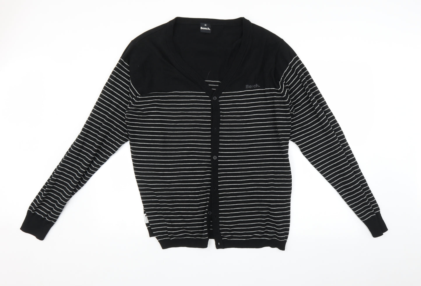 Bench Mens Black Striped  Cardigan Jumper Size XL