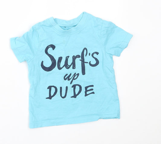 Front view of George Baby Blue Basic T-Shirt, size 18-24, Months - surfs up dude